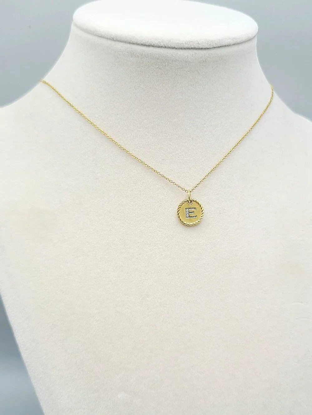 David Yurman Initial E Charm Necklace in 18K Yellow Gold w/ Diamonds - 19